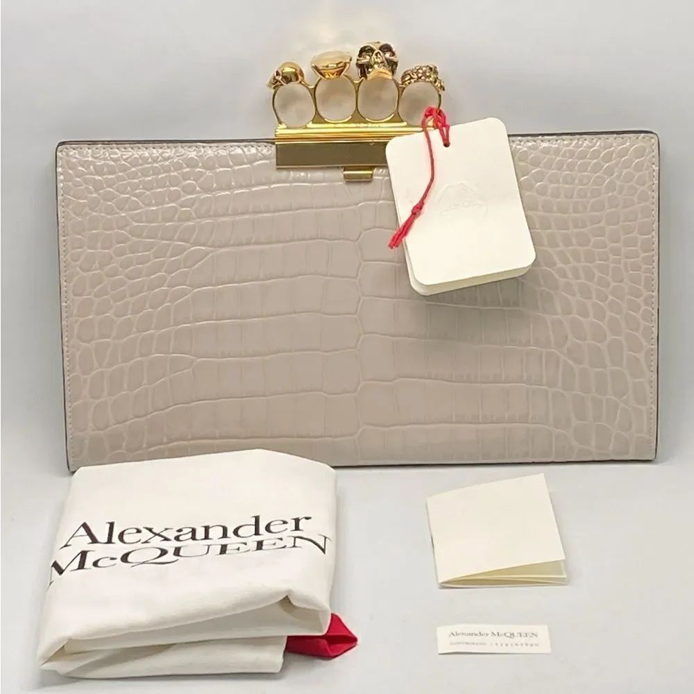 Alexander McQueen Four-Ring Knuckle Clasp Croc Embossed Leather Clutch